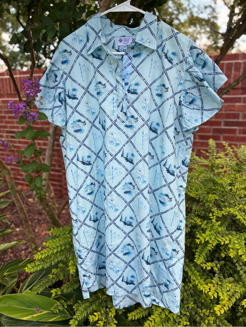 HOLLY SHEA NWOT June Caftan Asian Chinoiserie Bamboo Blue One Size